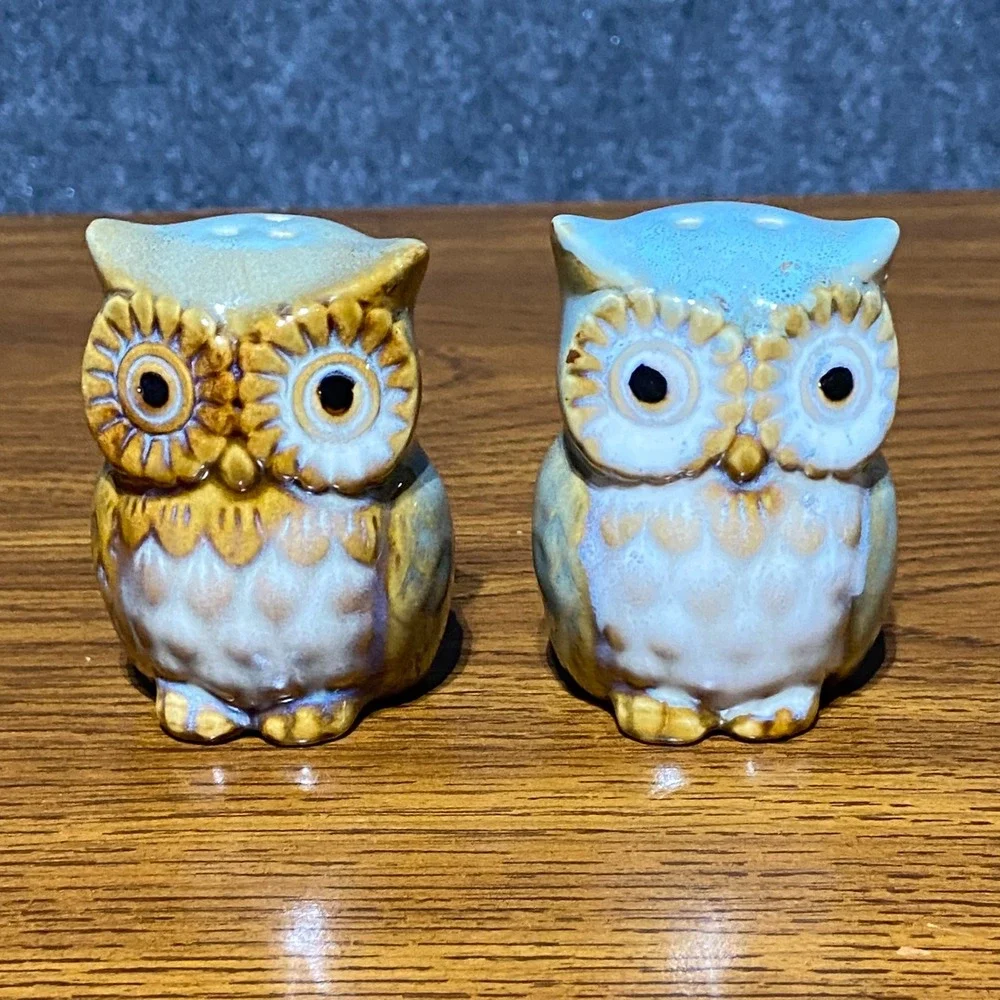 Vintage Ceramic Owl Cookie Jar Canister and Salt‎ Pepper Shaker Set Brown Blue